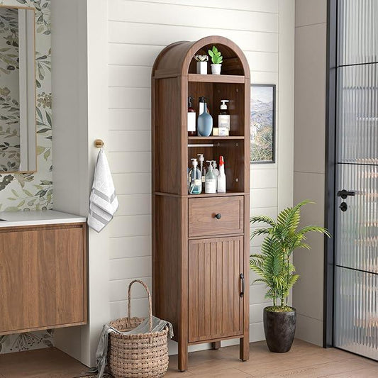 64" Tall Bathroom Storage Cabinet with Adjustable Shelves,Tall Narrow Arched Freestanding Tower Cabinet with Fluted Doors and Drawers,Space Saving Organizer for Bathroom Living Room (Walnut) - ModernBath