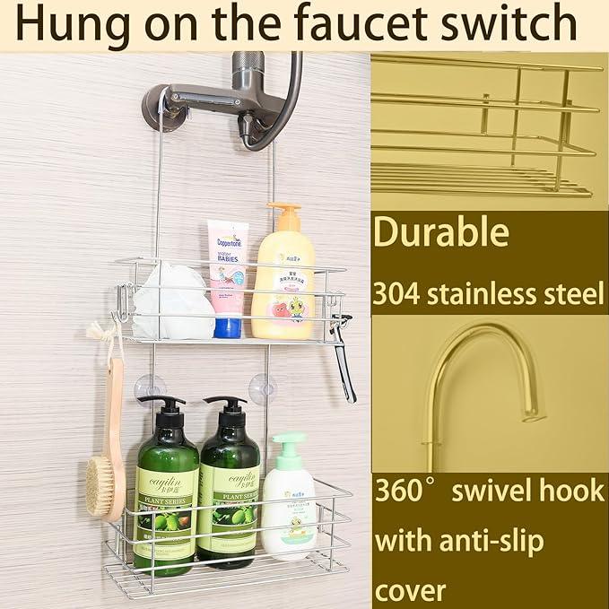Seltomer Hanging Shower Rack Shower Caddy with Rotatable Hook bar Over the Door and Can be Hung on the Faucet or Claw Foot, 304 Stainless Steel Rust Proof and Durable (Double-Layer) - ModernBath