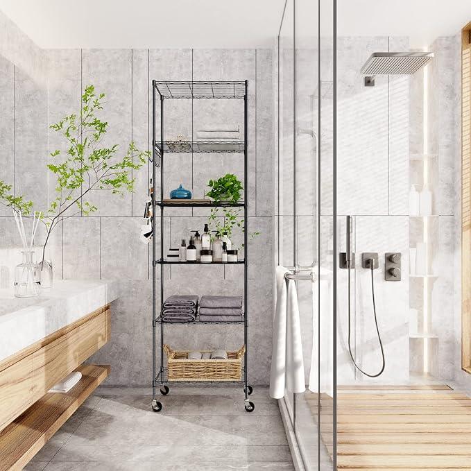Homdox 6-Tier Storage Shelf Wire Shelving Unit Free Standing Rack Organization with Caster Wheels, Stainless Side Hooks, Black - ModernBath