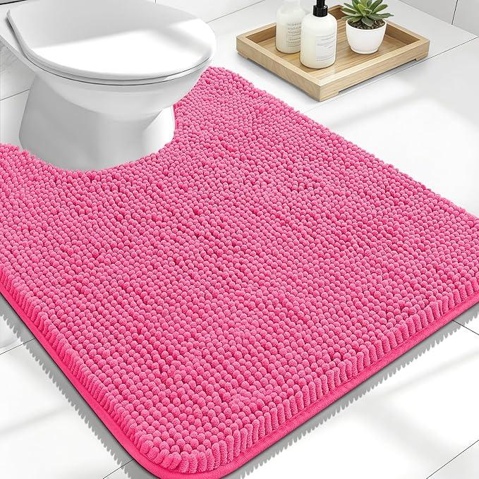OLANLY Toilet Rugs U-Shaped 24x20, Extra Soft Absorbent Chenille Contour Bathroom Rugs for Toilet, Dry Quickly, Machine Washable, Non-Slip Bath Mat, Hot Pink - ModernBath