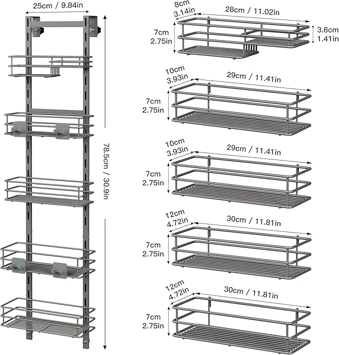 Orimade Over The Door Shower Caddy Adjustable 5 Tier Dark Grey,Bathroom Hanging Organizer Shelf Rustproof with 4 Hooks,Shower Basket with Soap Holder and Suction Cup - ModernBath