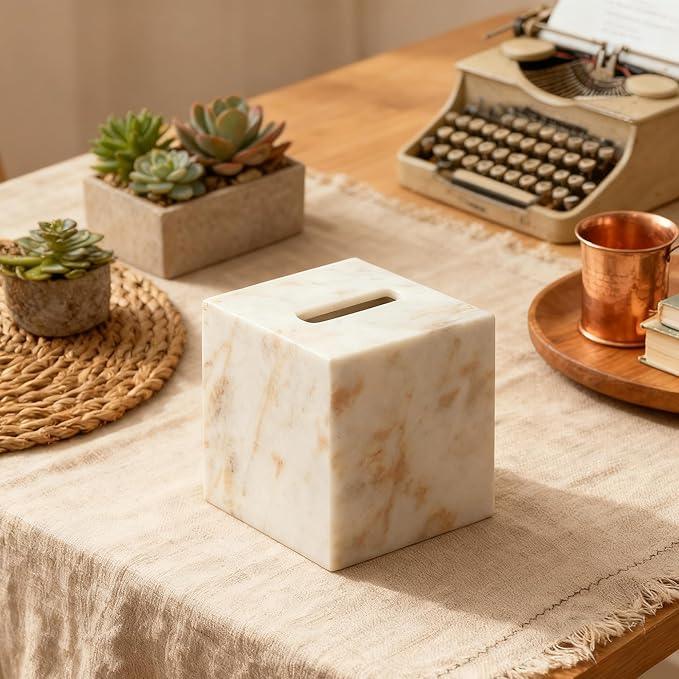 Marble Tissue Box Cover for Bathroom, White with Gold Texture Marble Facial Tissue Holder, Rectangular Toilet Paper Holder Case, Elegant Home Decorative for Vanity, Bedroom, Living Room, Office - ModernBath
