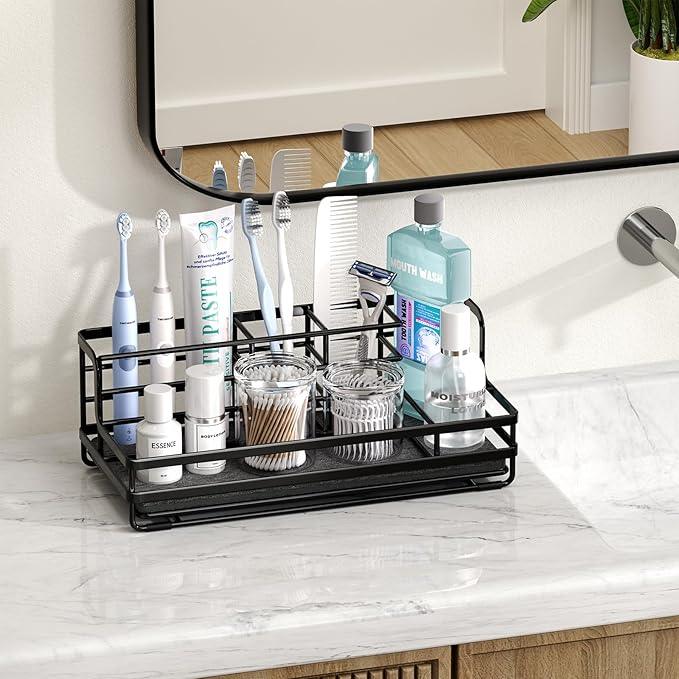 HapiRm Toothbrush Holders for Bathroom - 5 Partitions Bathroom Counter Organizer with Instant Drying Stone, Stainless Steel Countertop Storage Electric Toothbrush Toothpaste Holder - Black - ModernBath