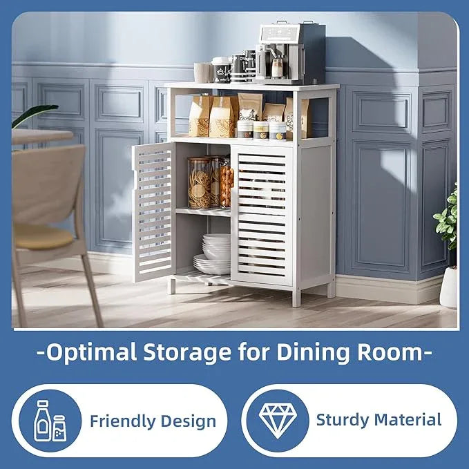 HITNET White Bathroom Cabinet, Bamboo Storage Cabinet Freestanding, Side Tall Storage Organizer for Kitchen Living Room Entryway - ModernBath