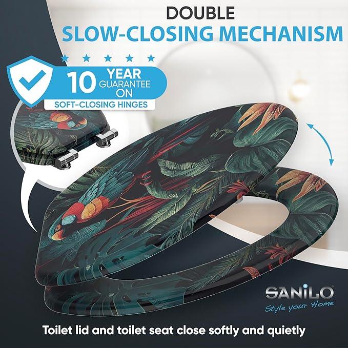 SANILO Wooden Toilet Seat with Soft Close [ELONGATED] - Decorative, Quiet & Slow Close Molded Wood Seat - With Strong Bumpers & Hinges - Adjustable Fit - Exotic - ModernBath