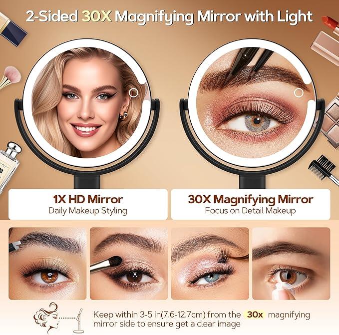 B Beauty Planet Makeup Mirror with Lights, Lighted Magnifying Mirror 30X with 3 Lighting and Adjustable Brightness, 2-Sided Height Adjustable Vanity Mirror for Bathroom, Gifts for Women Black - ModernBath