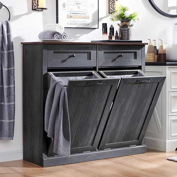Double Tilt Out Laundry Hamper Cabinet, 20 Gallon Farmhouse Trash Can Cabinet with Drawer, Hidden Wood Garbage Can Bin Cabinet with Laundry Storage Basket for Bathroom, Kitchen, Dark Grey - ModernBath