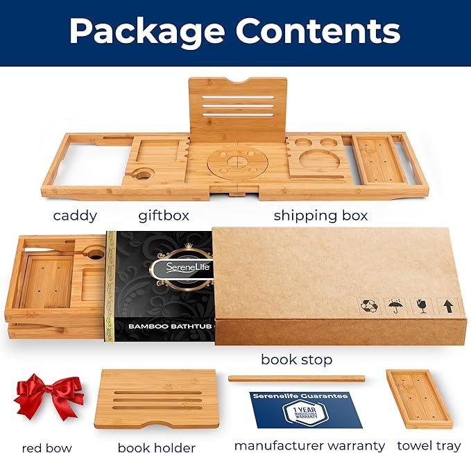 SereneLife Premium Foldable Bathtub Tray with Gift Box and Bow Set, Expandable Bath Tray, Unique House Warming Gifts, for Mom, Women, New Home, Wedding, Anniversary, Bridal Shower, Fit for All Tub - ModernBath