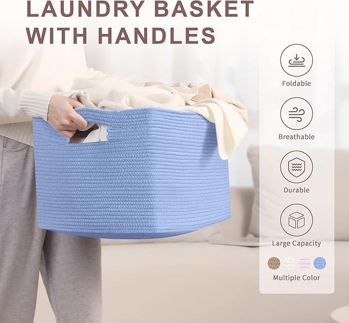 60L Small Baby Girls Laundry Basket for Nursery Storage,Cute Woven cotton Rope Baskets for Kids Toy，Gifts, Boho Square Wicker Blanket hamper for Living Room,Bedroom Dirty Clothes,Blue Purple - ModernBath