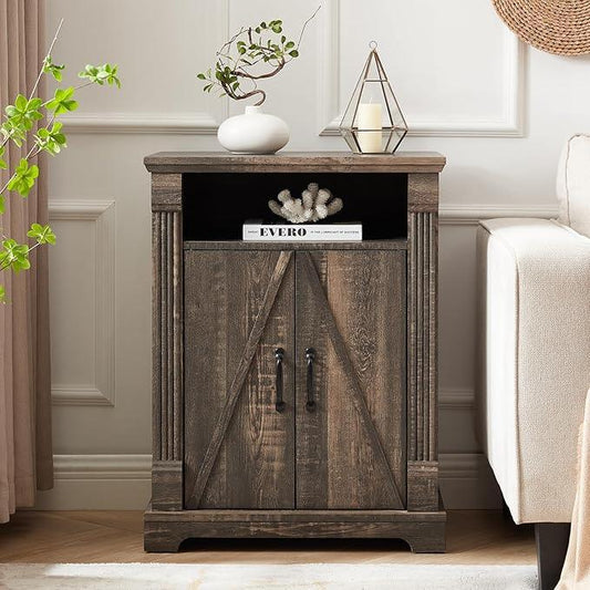 24" Farmhouse Storage Cabinet with Barn Doors, Dark Rustic Oak Freestanding Sideboard Buffet with Adjustable Shelf, Pantry Hutch Coffee Bar for Kitchen Bathroom Living Room - Small Floor Cabinet - ModernBath