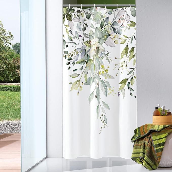 Gibelle Small Stall Shower Curtain 36 x 72, Narrow Half Sage Green Floral Fabric Shower Curtain, Watercolor Plant Eucalyptus Leaves Bathroom Curtains Shower Set - ModernBath