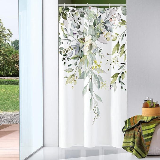 Gibelle Small Stall Shower Curtain 36 x 72, Narrow Half Sage Green Floral Fabric Shower Curtain, Watercolor Plant Eucalyptus Leaves Bathroom Curtains Shower Set - ModernBath