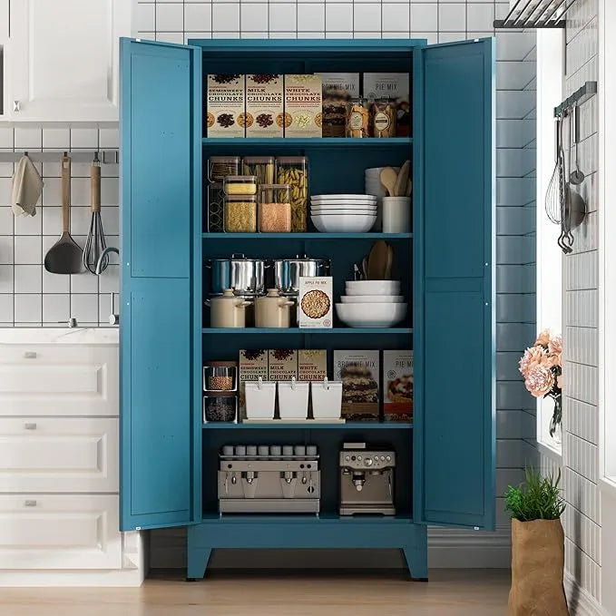 COFaR Home Farmhouse Storage Cabinet with Barn Door, Tall Kitchen Pantry Cupboard with Adjustable Shelves, for Dining Room, Bathroom, Living Room Blue. - ModernBath