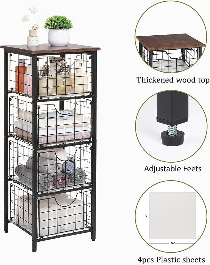 5-Tier FreeStanding Storage Shelves with 4 Pull-Out Baskets,Bathroom Organizer Shelves Unit with WoodTop,Fruit Basket for Kitchen,Storage Tower Organizer Basket Cart for Bathroom，Black - ModernBath