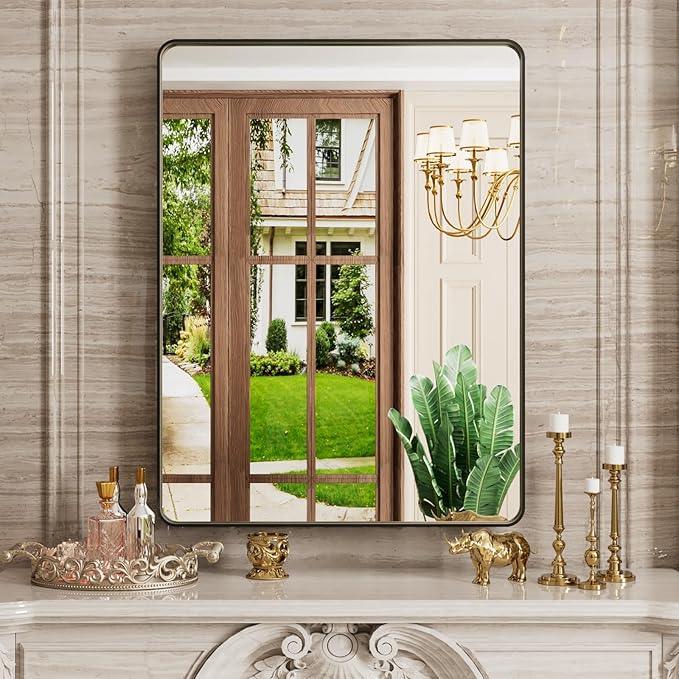 JISOSO Black Bathroom Mirror 20X30 Inch, Black Metal Framed Mirror for Wall, Rounded Rectangle Matte Bathroom Vanity Mirror with Tempered Glass, Anti-Rust, Horizontal/Vertical - ModernBath