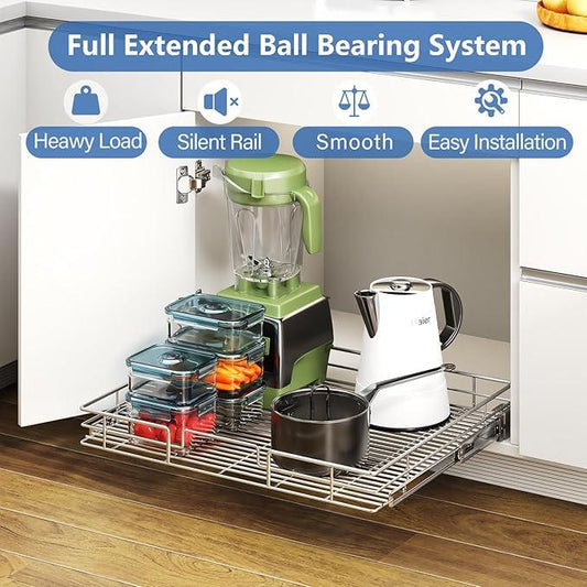 ROOMTEC Pull Out Cabinet Organizer, 27" W x 21.5" D, Heavy Duty Slide Out Kitchen Cabinet Organizers, Neutral - ModernBath
