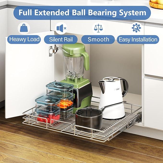 ROOMTEC Pull Out Cabinet Organizer, Slide Out Shelves 31" W x 21" D, Heavy Duty Kitchen Cabinet Organizers, Neutral - ModernBath