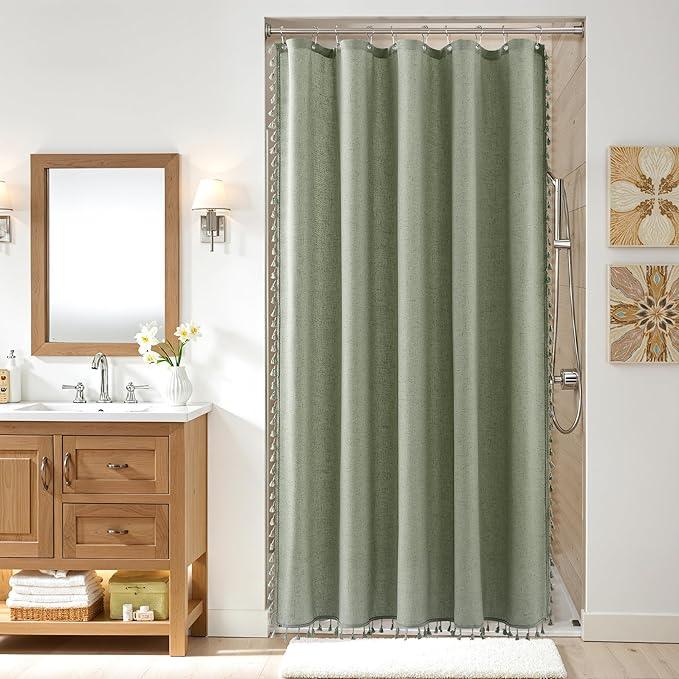 Nanspring Stall Sage Green Boho Linen Shower Curtain 60 Inches Textured Chic Tassel Fabric Farmhouse Cottagecore Bath Curtain Set with Hooks Solid Neutral Shower Curtain for Bathroom 60x72, Green - ModernBath