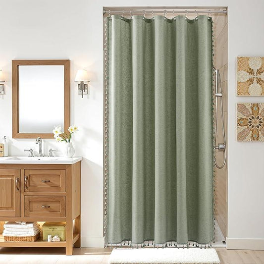 Nanspring Stall Sage Green Boho Linen Shower Curtain 60 Inches Textured Chic Tassel Fabric Farmhouse Cottagecore Bath Curtain Set with Hooks Solid Neutral Shower Curtain for Bathroom 60x72, Green - ModernBath