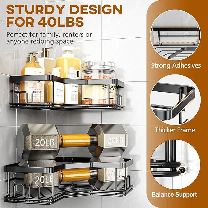 MAXIFFE 3 Pack Corner Shower Caddy with Soap Holder, Large Capacity Sturdy Easy Install No Drilling Stainless Steel Hold 40 LBS Shower Organizer Shelves Rack Storage for Family Renters Bathroom, Black - ModernBath