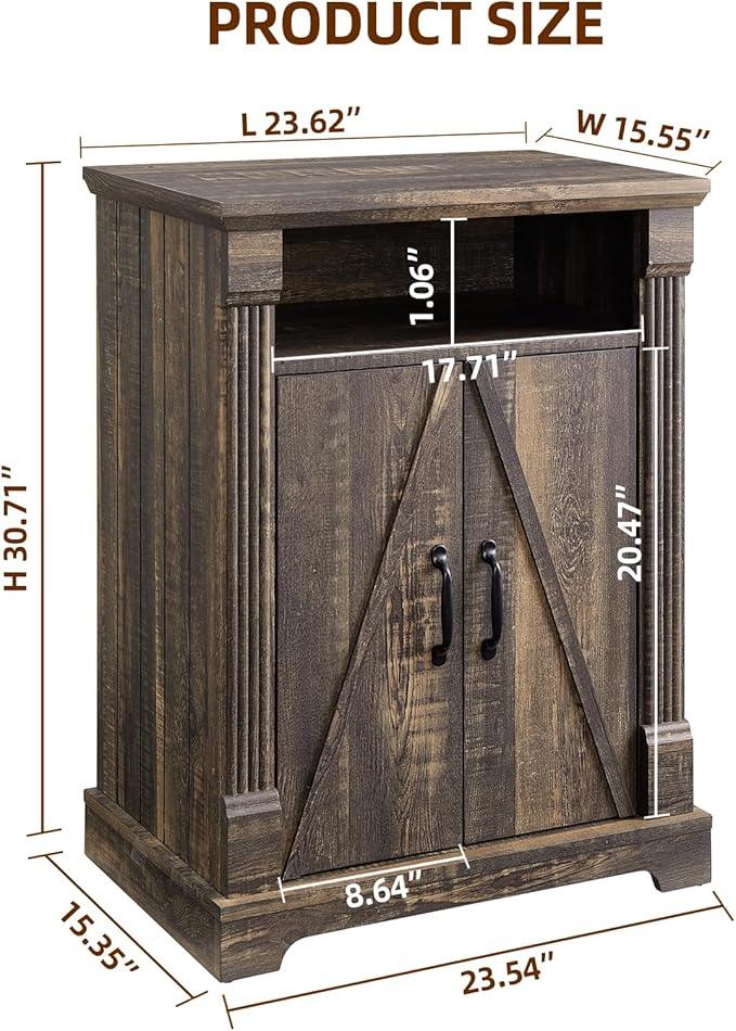 24" Farmhouse Storage Cabinet with Barn Doors, Dark Rustic Oak Freestanding Sideboard Buffet with Adjustable Shelf, Pantry Hutch Coffee Bar for Kitchen Bathroom Living Room - Small Floor Cabinet - ModernBath