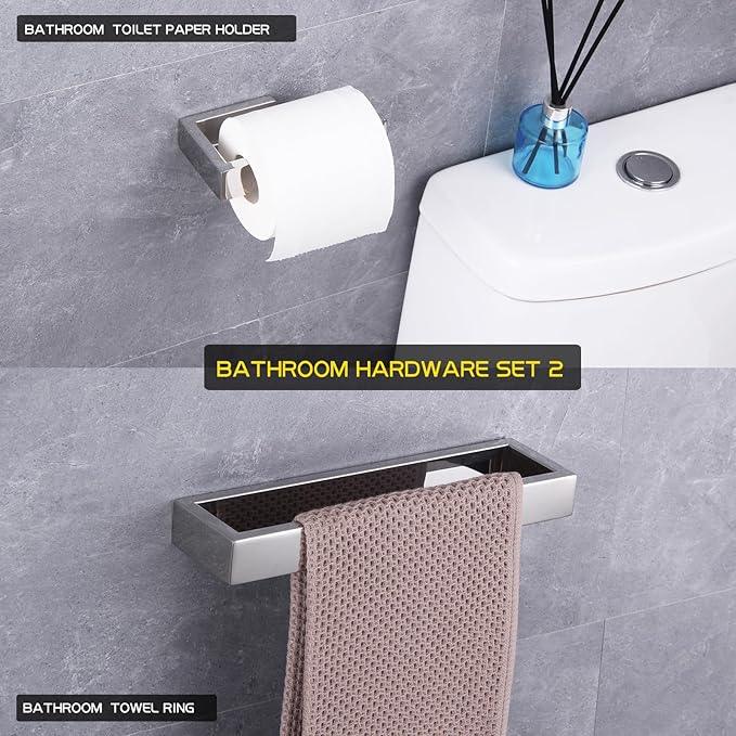 GERZWY 2-Piece Bathroom Accessory Set SUS 304 Stainless Steel Toilet Paper Holder Towel Ring Wall Mount, Polished Finish HG1708-2JG - ModernBath