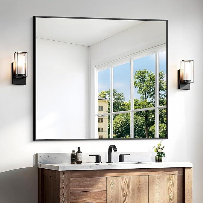BONEWEI Bathroom Mirror,36x40 inch Wall Mirror for Bathroom Wall Mounted Black Rectangle Square Corner Mirrors, Black Bathroom Mirror for Living Room, Farmhouse, Bedroom Entryway, Horizontal/Vertical - ModernBath