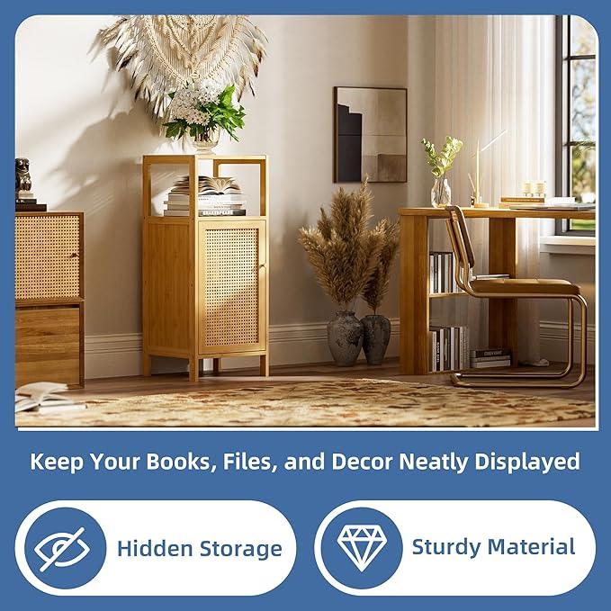 HITNET Rattan Bathroom Storage Cabinet, Small Bamboo Floor Cupboard with Door, Freestanding Narrow Side Organizer for Living Room, Kitchen, Entryway, Natural - ModernBath