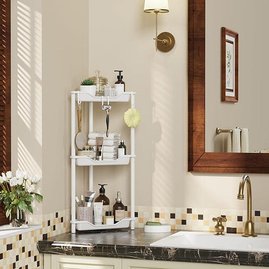 Orimade Rustproof 3 Tier Floor Standing Corner Shower Caddy Organizer, Plastic Metal Splicing Floor Corner Shelf Rack Stands for Bathroom, White - ModernBath
