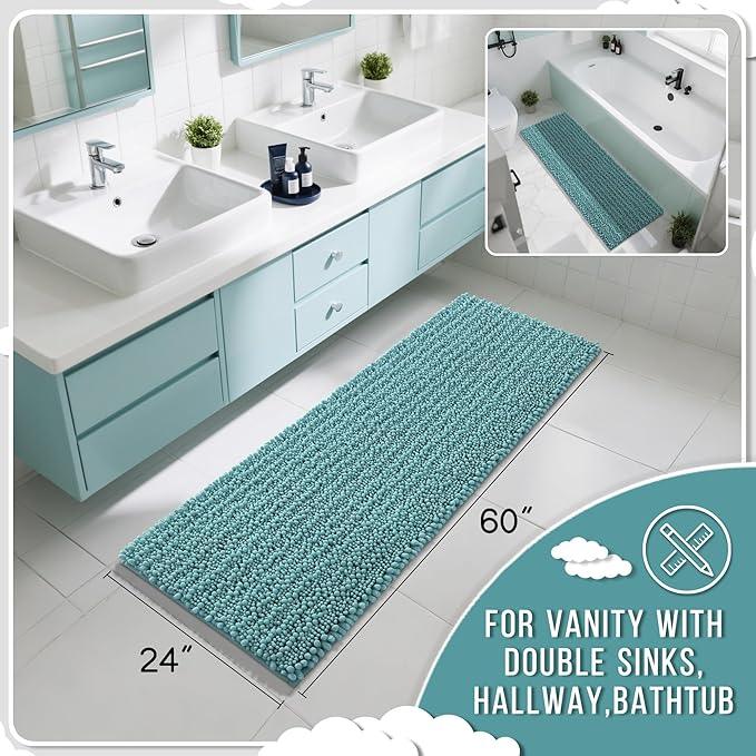 Yimobra Bathroom Runner Rug 60x24 Inch - Extra Long Non Slip Chenille Bath Mat, Soft & Absorbent, Machine Washable Shaggy Hallway Carpet for Vanity Tub Shower, Teal Blue Home Decor Accessories - ModernBath