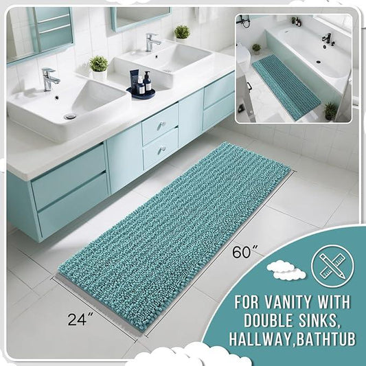 Yimobra Bathroom Runner Rug 60x24 Inch - Extra Long Non Slip Chenille Bath Mat, Soft & Absorbent, Machine Washable Shaggy Hallway Carpet for Vanity Tub Shower, Teal Blue Home Decor Accessories - ModernBath