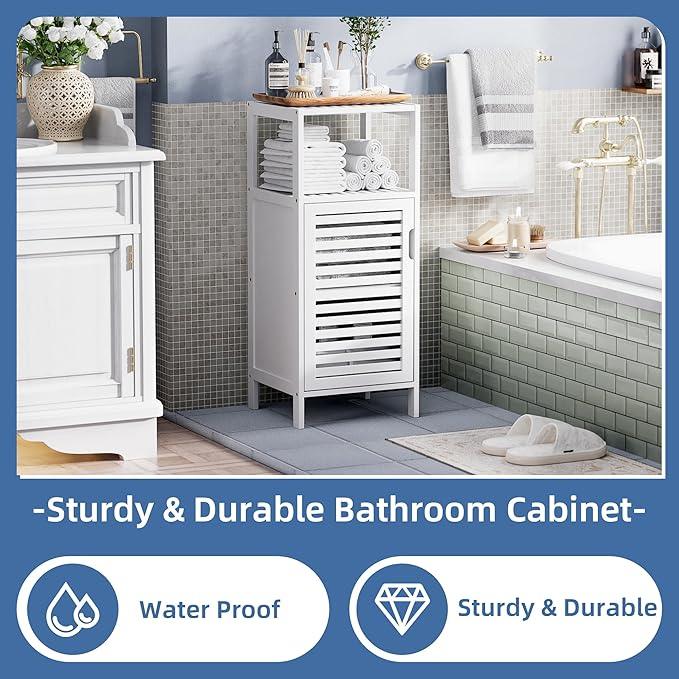 HITNET Bamboo Bathroom Storage Cabinet, 4 Tier Small White Floor Cabinet with Single Door, Free Standing Slim Narrow Storage Organizer for Bedroom Living Room - ModernBath