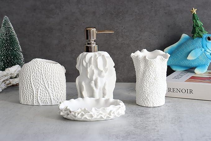 Hymmah Bathroom Accessories Set,Coral Seashell Design Toothbrush Holder,Farmhouse Bathroom Decor,4 Pcs Resin Gift Set Apartment Necessities, Contain Toothbrush Cup,Soap Dispenser,Soap Dish,Tumbler - ModernBath