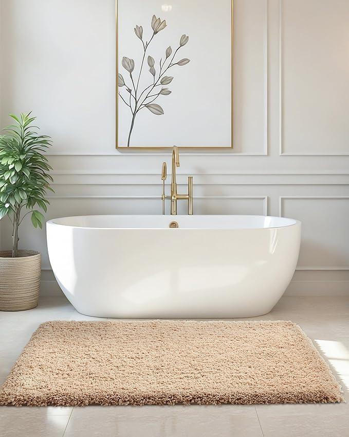 ILANGO Beige Bathroom Rugs 70" × 24" Non Slip & Super Absorbent Extra Thick Soft, Washable Bath Carpet Runner for Floor, Microfiber Plush Shaggy Bath Mats with Rubber for Bedroom Bathtub Shower Room - ModernBath