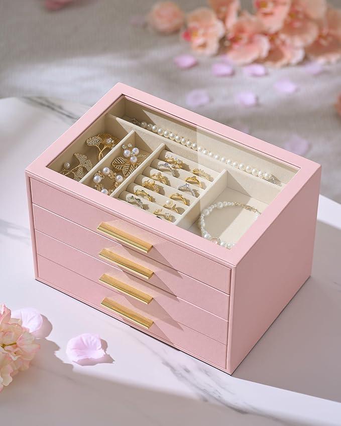 pickpiff Jewelry Box Organizer Case for Women: 4-Layer Jewelry Storage Case with Glass Window, Pink Leather with Velvet Holder for Ring Necklace Bracelet Brooch Watch, Great Gift for Her - ModernBath