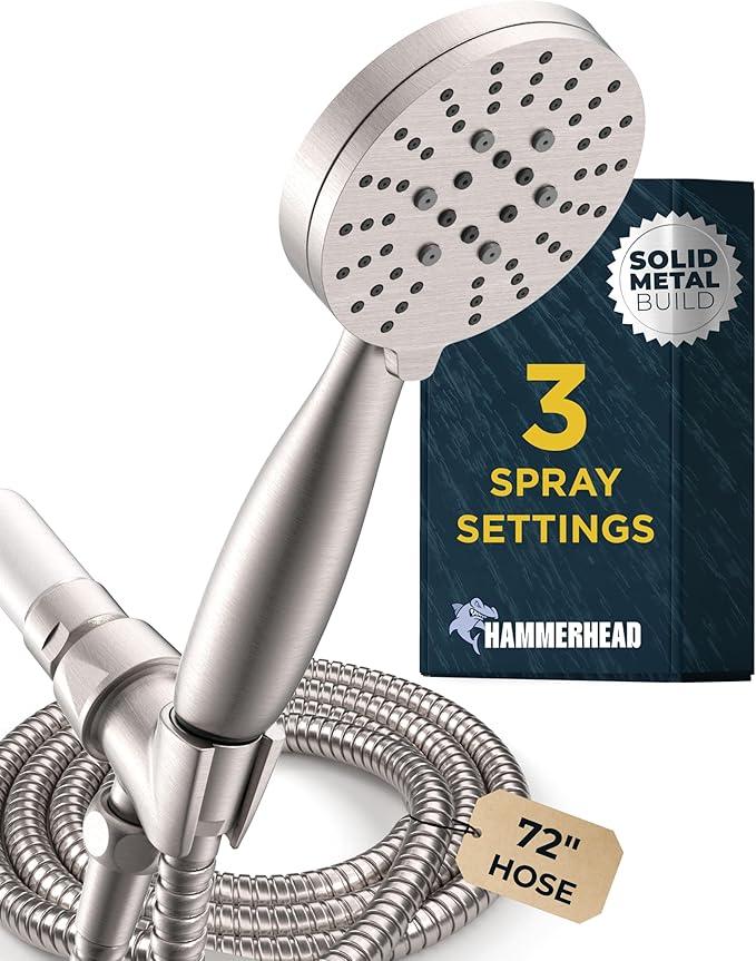 HammerHead Showers® Solid Metal 3-Spray Handheld Shower Head with Long Hose and Holder - BRUSHED NICKEL - 2.5 GPM High Pressure Shower Head with Handheld Sprayer - WIDE, MASSAGE, and MIST Sprays - ModernBath