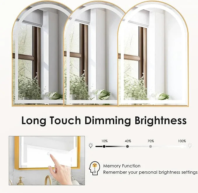 soges LED Medicine Cabinet Lighted Bathroom Mirror, 36”x24” Arched Recessed Medicine Cabinet with 2 Storage Shelves & Beveled Edge Mirror for Bathroom, Wall Mounted Mirror Cabinet, Gold - ModernBath