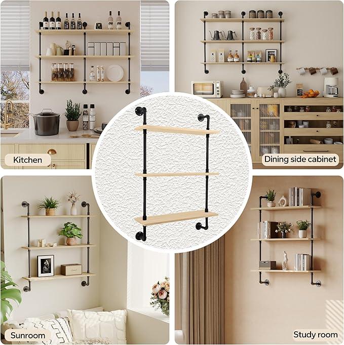 3-Tier Industrial Pipe Floating Shelf – Rustic 36 inch Wood Wall-Mounted Storage Shelf for Kitchen Office,Bathroom & Home Decor -White Oak - ModernBath
