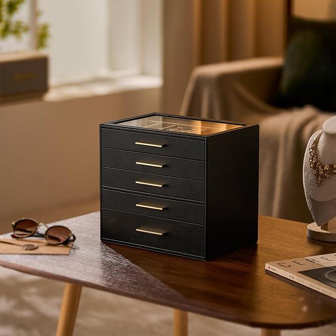 pickpiff Jewelry Box Organizer Case for Women: 5-Layer Jewelry Storage Case with Glass Window, Black Leather with Blush Velvet, Holder for Ring Necklace Bracelet Brooch Watch, Great Gift for Her - ModernBath