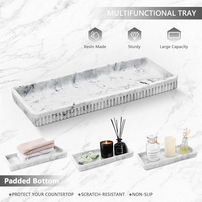 XLHOMO Resin White Marble Bathroom Accessories Set 5 Pcs, Lotion Soap Dispenser, Toothbrush Holder, Bathroom Tumbler, Qtip Holder and Vanity Tray, Bathroom Countertop Organizer Set for Home Apartment - ModernBath
