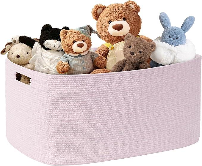 72L Large Baby Girls Laundry Basket for Nursery Storage,Cute Woven cotton Rope Baskets for Kids Toy，Gifts, Boho Square Wicker Blanket hamper for Living Room,Bedroom Dirty Clothes,Pink - ModernBath