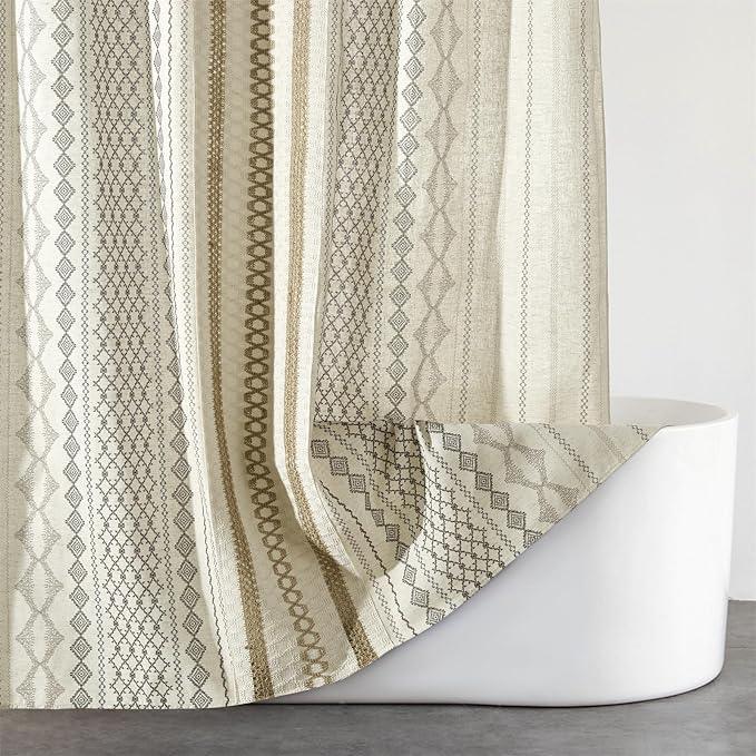 Aldopein Modern Farmhouse Shower Curtain, Water Resistant Privacy Natural Linen Textured Fabric, Boho Vintage Tribal Geometry Fabric Shower Curtains Set Cottagecore Bathroom Decorations with Hooks - ModernBath