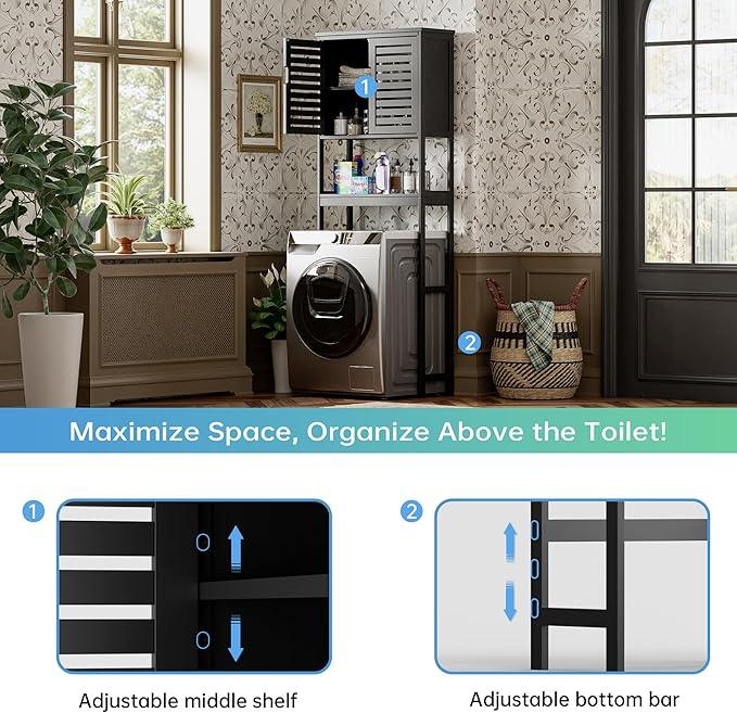 SMIBUY Bathroom Over The Toilet Storage Cabinet, 2 Door Bamboo Cabinet Organizer, Freestanding Space Saver Toilet Rack with Adjustable Inside Shelf and Open Shelf (Black) - ModernBath