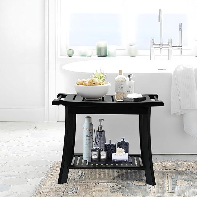 Black Bamboo Shower Bench for Inside Shower with Storage Shelf, Bathroom Shower Stool for Adults Shaving Legs, Spa Bathroom Bench Stool for Indoor Outdoor Use,Bamboo - ModernBath