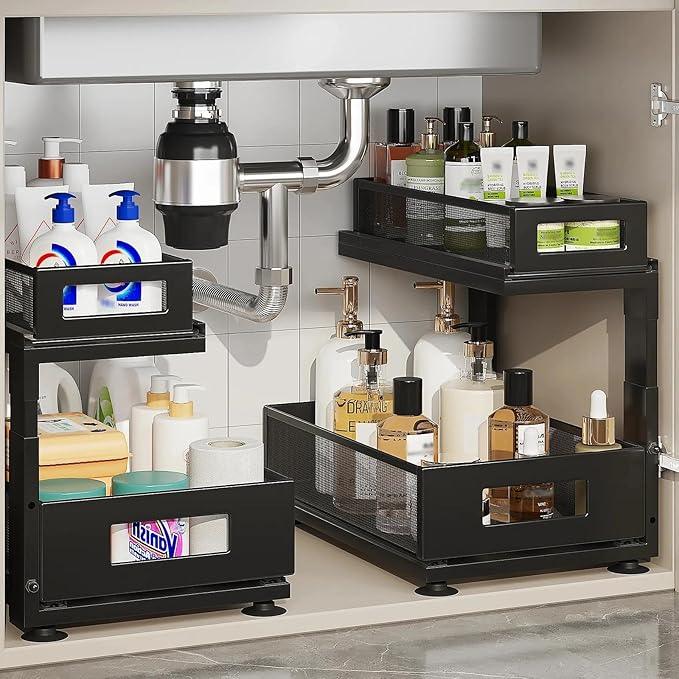 2 Pack Under Sink Organizer with Next-Gen Ball-Bearing Slides,2-Tier Pull Out Cabinet Storage,Height Adjustable Drawer Shelf for Bathroom,Kitchen,Laundry,Cabinet,Pantry(Patent Pending) - ModernBath