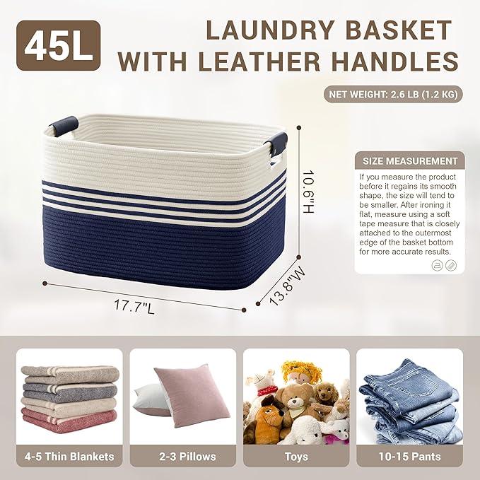 45L Small Laundry Basket with Leather Handles for Living Room Storage, Woven Rope Baskets Bin for Blanket, Kids Toy, Gifts, Wicker Hamper for Bedroom Dirty Clothes, 18"x14"x11" White Navy - ModernBath