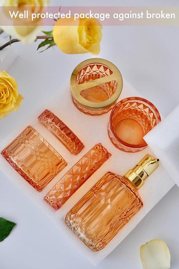 LaMarriti Orange Bathroom Accessories Set, 5Pcs Clear Glass Bathroom Set, Lotion Soap Dispenser, Soap Dish, Tumbler, Toothbrush Holder Set, Qtips Holder for Vintage Bathroom Decor, Gift Set - ModernBath