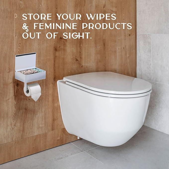 Day Moon™ White Toilet Paper Holder with Shelf - Wipe Holder for Bathroom, Flushable Wipes Dispenser, Toilet Paper and Wipes Holder - ModernBath