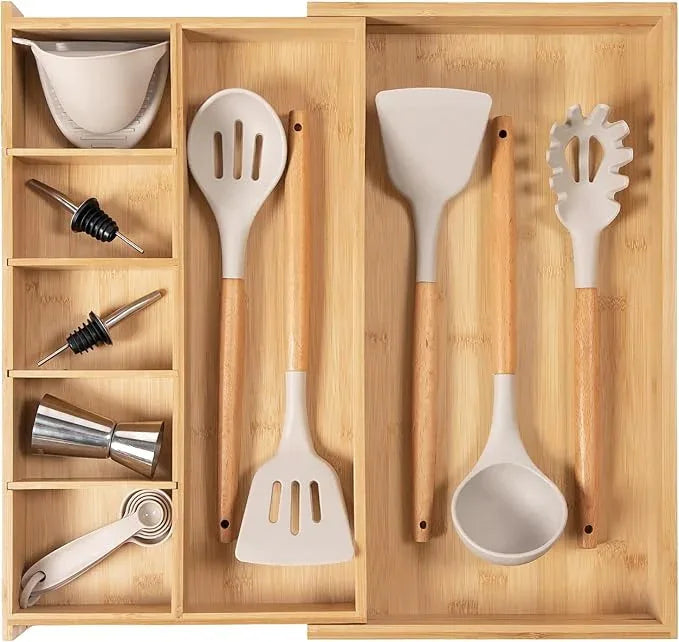 KitchenEdge Adjustable Kitchen Drawer Organizer for Utensils and Junk, Food-Safe Contract Grade with 100% Sustainable Wood, Expandable from 10.5 to 19 Inches Wide - Natural Bamboo - ModernBath