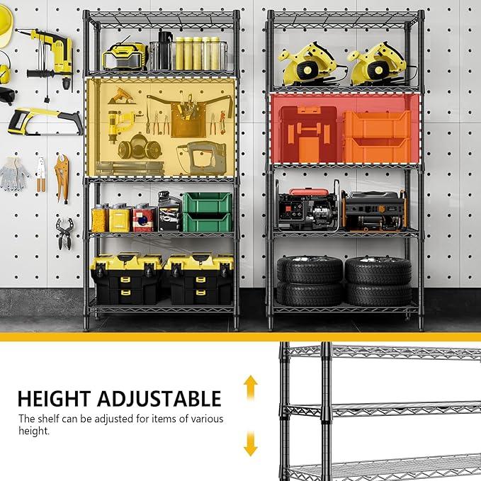 1250 lbs 5 Tier Shelf Metal Storage Shelves Shelving Wire Rack Heavy Duty Closet Organizers for Garage Kitchen Bathroom Laundry Black 13.8" D x 35.4" W x 68.5" H - ModernBath